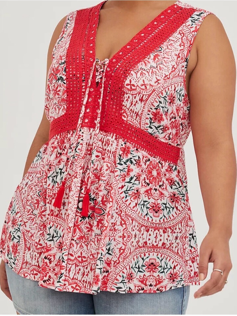 Torrid Tunic Top Plus Size XL Red Babydoll Boho Crinkle Gauze Crochet Inset